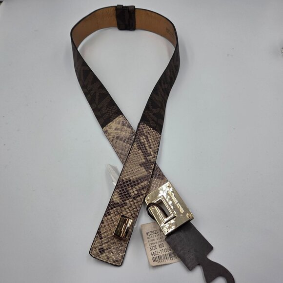Michael Kors Belt Womens Medium Brown MK Logo Python Print Adjustable Slide NEW - Picture 9 of 10